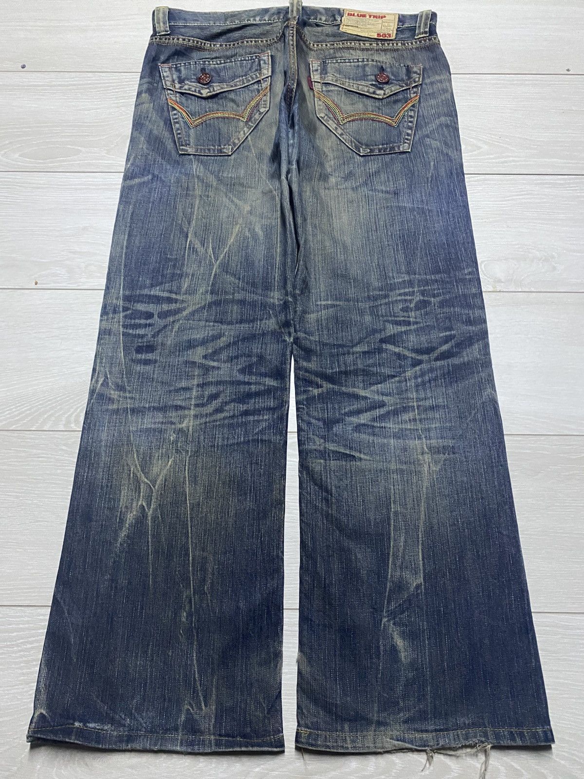 Junya Watanabe Vintage Edwin 503 Blue Trip Thunder Mud Wash Baggy Jeans Size US 36 / EU 52 - 2 Thumbnail