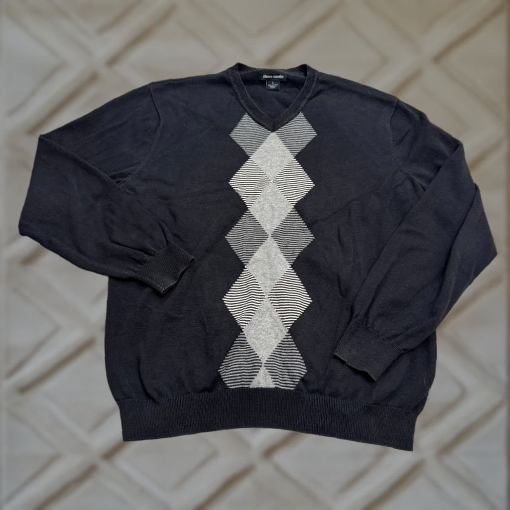 Pierre Cardin Pierre Cardin Sweater Mens L Black V-Neck Argyle Knit Pullover Cotton All Seasons Classic Mens Size US L / EU 52-54 / 3 - 1 Thumbnail