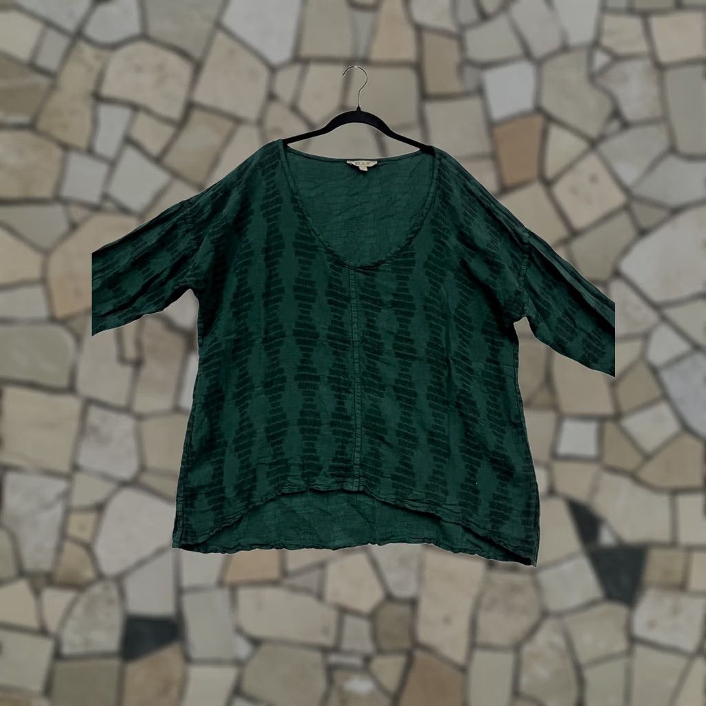 FLAX FLAX Blouse Long Sleeve Top Unisex Adults L Green Linen-Cotton Blend Patterned 167A Size L / US 10 / IT 46 - 1 Thumbnail