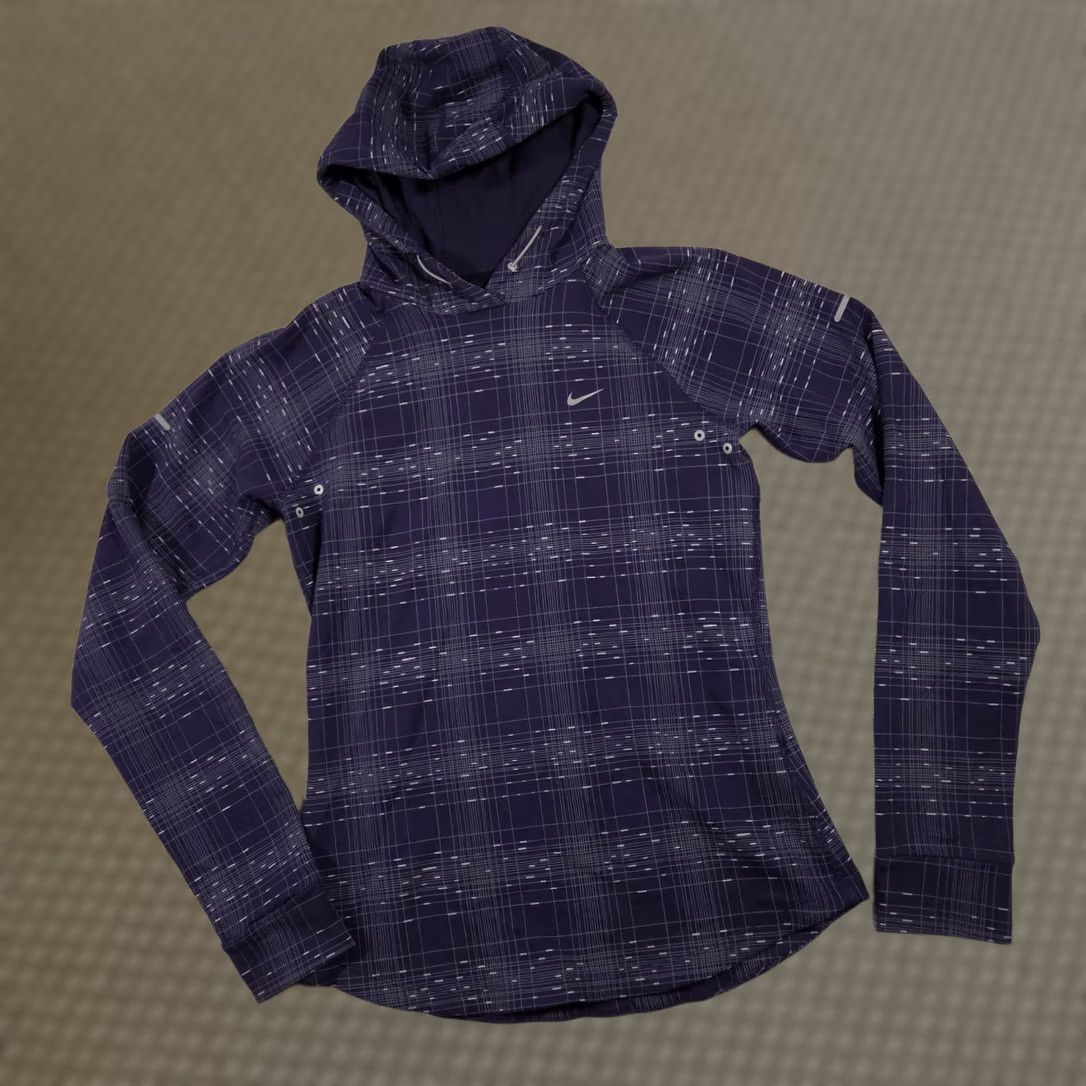 Nike Nike Dri-FIT Hoodie Womens Small Navy Grid Print Pullover Zip Pocket Sports Running Gift Size S / US 4 / IT 40 - 1 Thumbnail