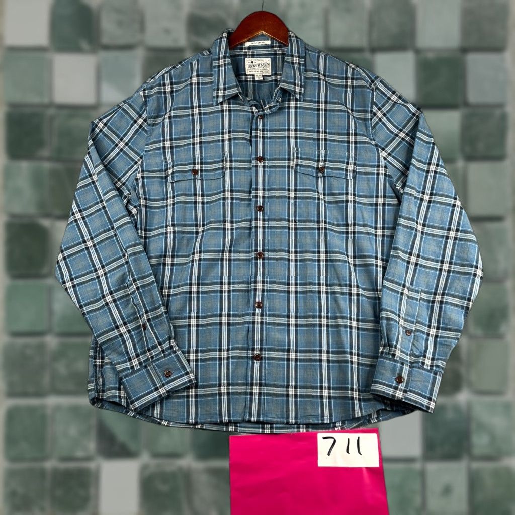 Lucky Brand Lucky Brand Shirt Button-Up Long Sleeve Mens XL Blue Plaid Pockets Untucked Fit Size US XL / EU 56 / 4 - 1 Thumbnail