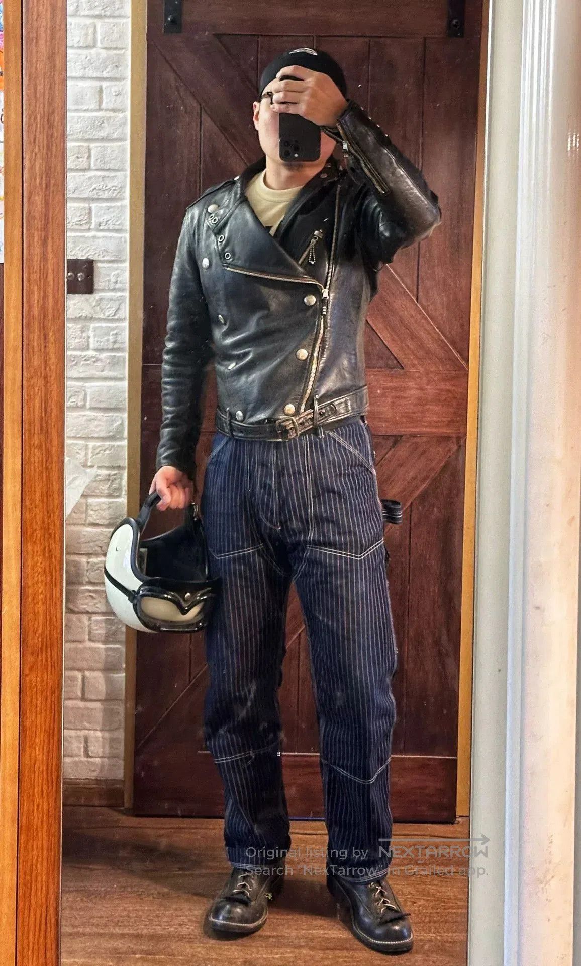 Freewheelers rare black leather biker jacket with buttons. Size US M / EU 48-50 / 2 - 9 Thumbnail
