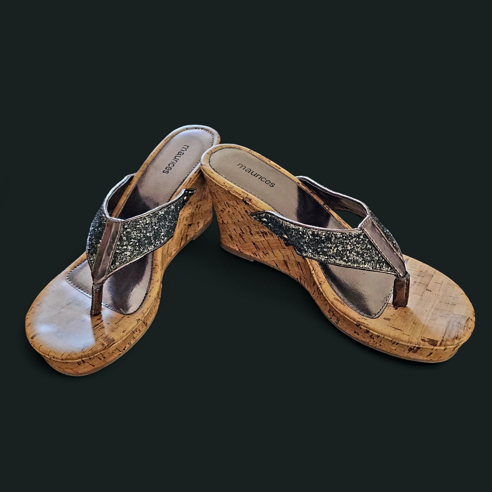 Maurice Lacroix Maurices wedge gunmetal gray glitter leather sandals size 11 Size US 11 / IT 41 - 1 Thumbnail