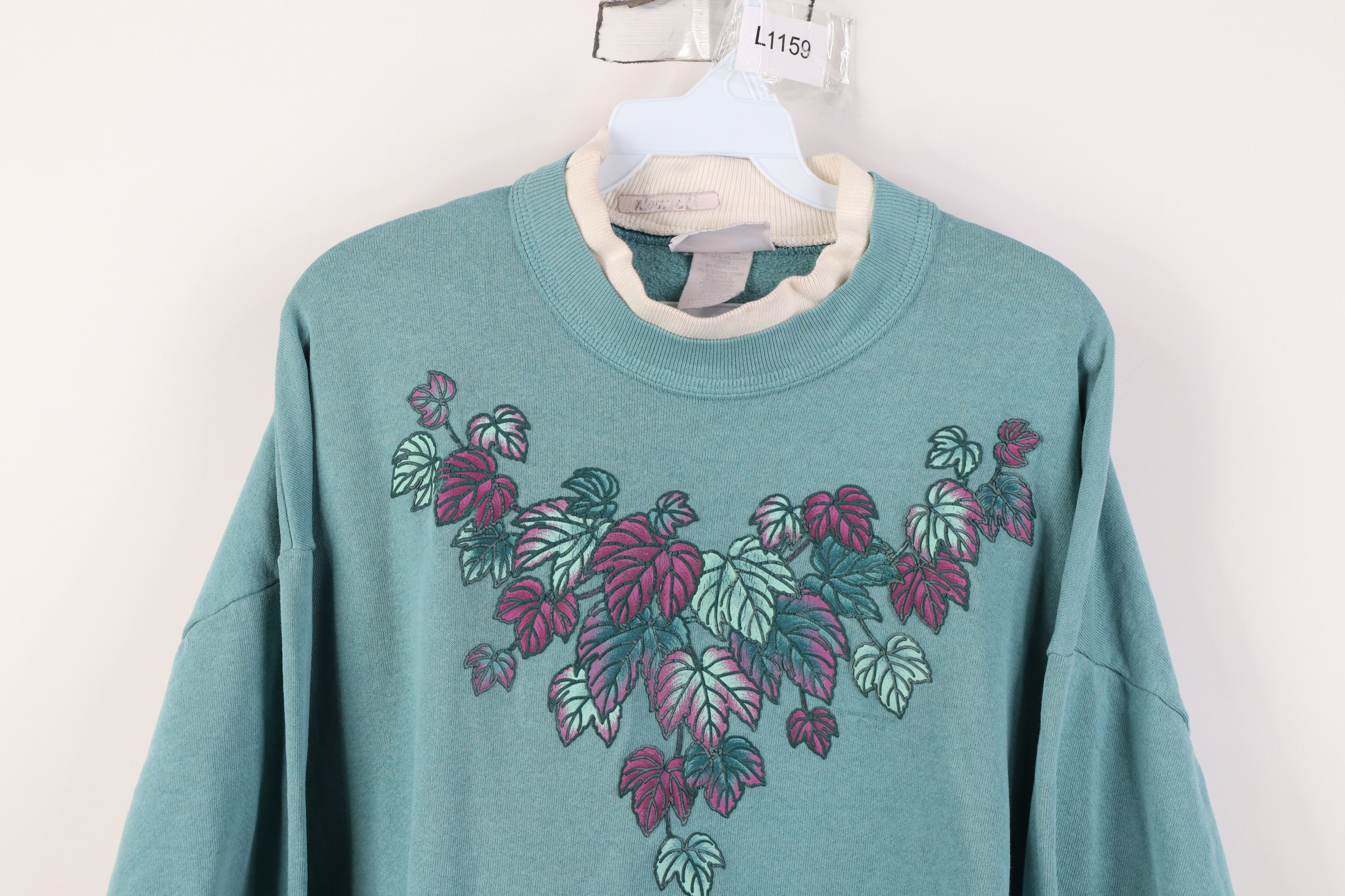 Vintage Vintage 90s Streetwear Thin Nature Leaf Sweatshirt Teal USA Size XL / US 12-14 / IT 48-50 - 2 Thumbnail
