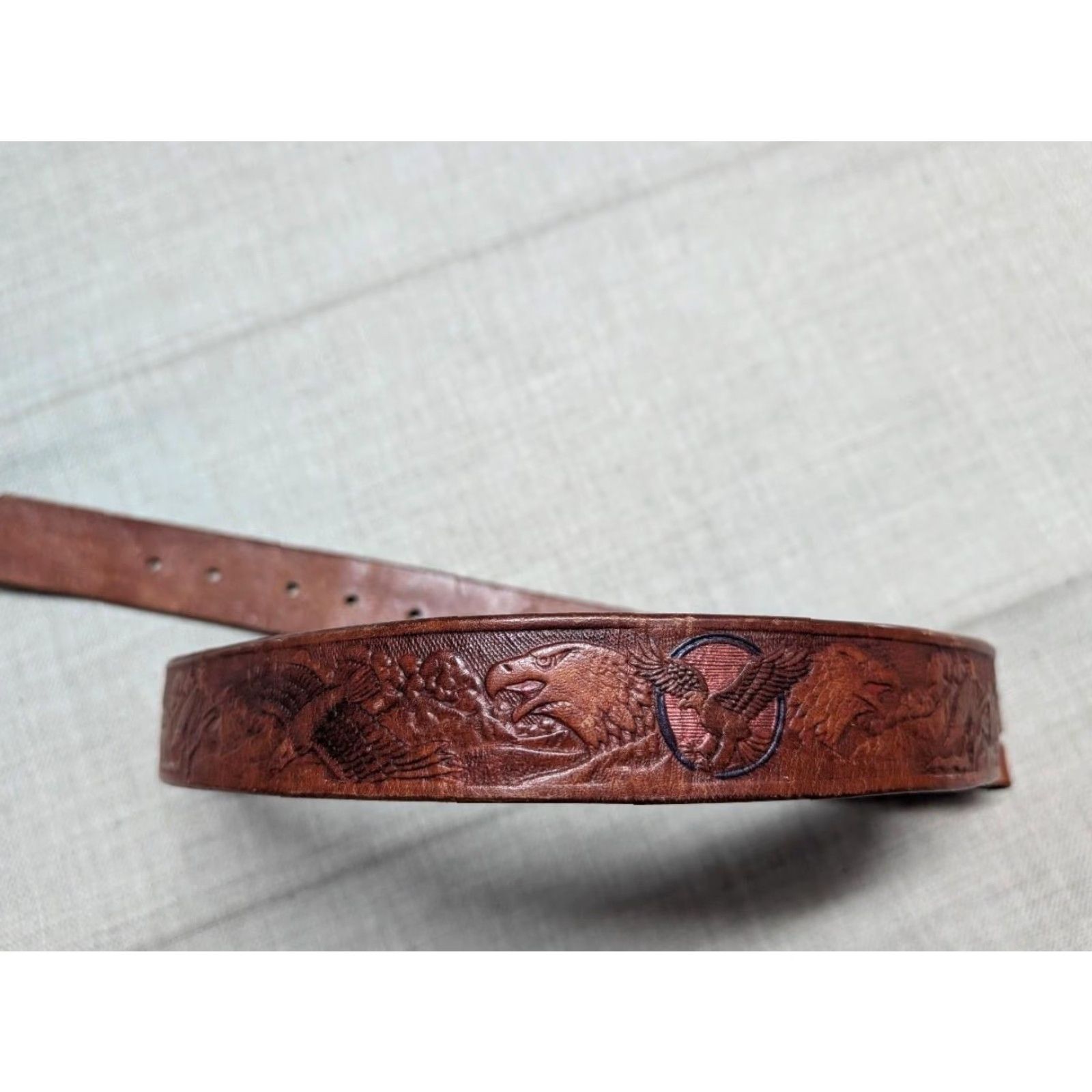 Vintage VINTAGE western belt leather Bald Eagle buckle handcrafted 38 Men Brown leather Western Belt 38 Mens Size 38 - 3 Thumbnail