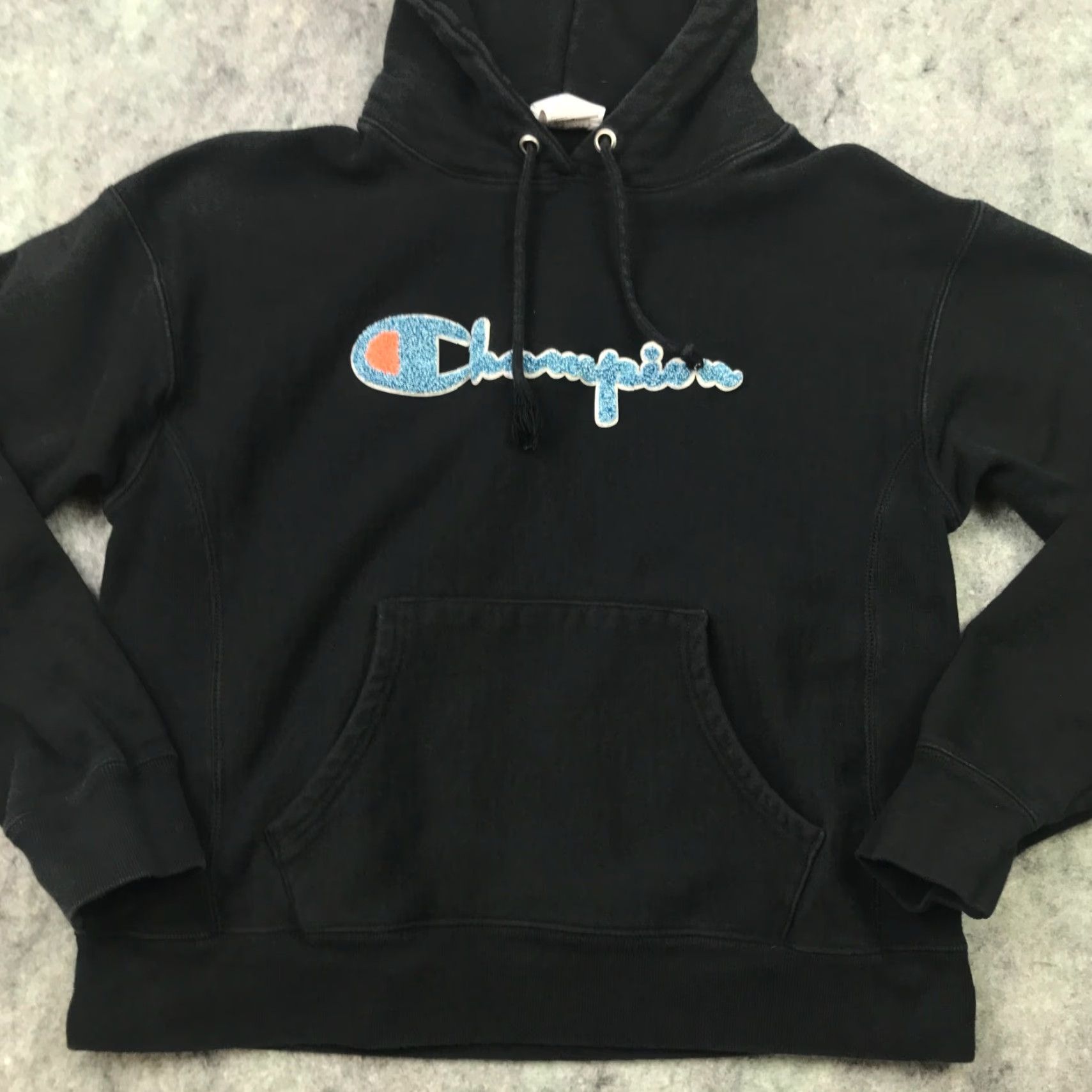 Champion Champion Hoodie Womens Medium Black Reverse Weave Embroidered Patch Scrypt Sweatshirt Pullover Front Event 90s Mens Girls Size M / US 6-8 / IT 42-44 - 2 Thumbnail