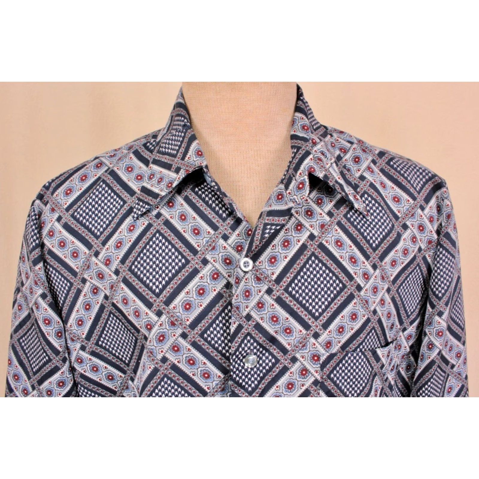 JCPenney JC Penney 70s Polyester Shirt Blue Geometric Print Men's L Vintage Diso Shirt Size US L / EU 52-54 / 3 - 6 Thumbnail
