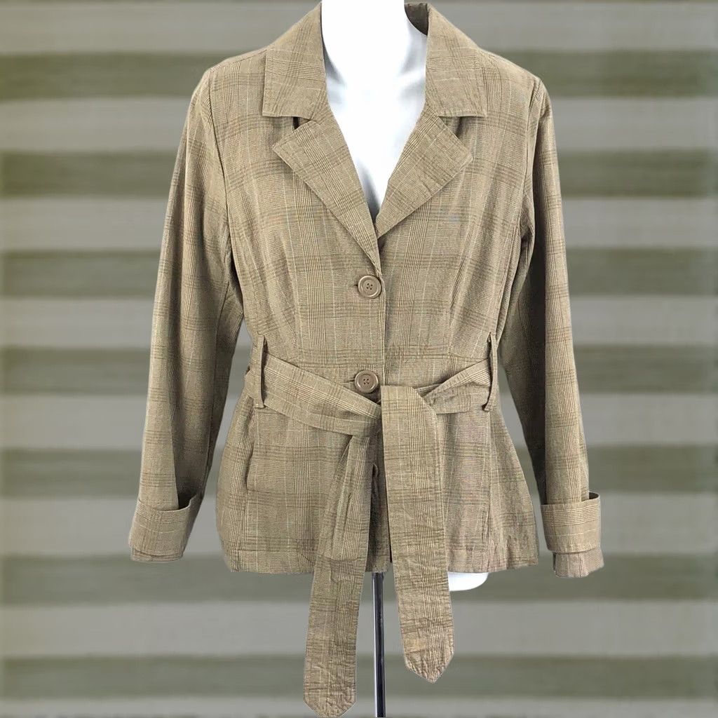 Vintage Miss Lili Blazer Jacket Plaid Belted Pockets Short Trench 90s Y2K Brown Tan Women's M Size 32" / US 10 / IT 46 - 1 Thumbnail