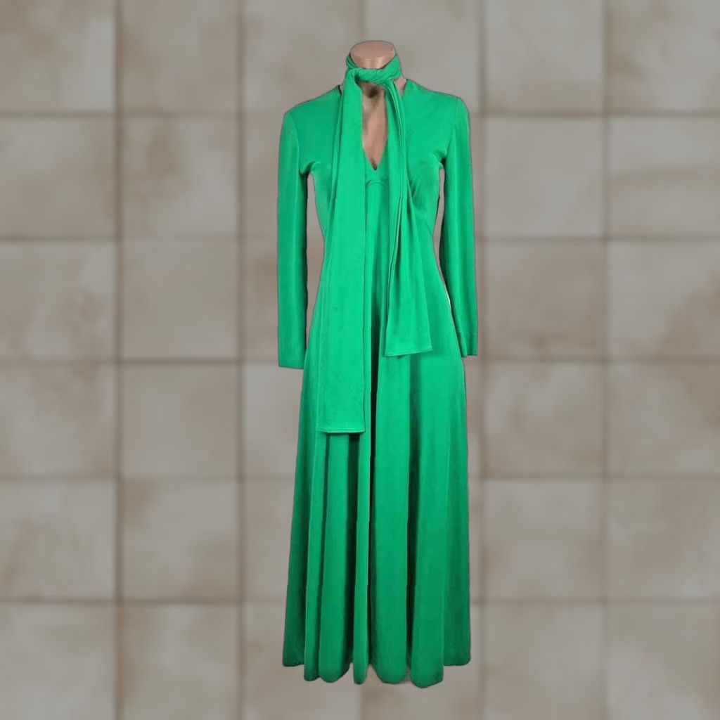 Victor Costa Long Sleeve Maxi Dress Vintage 60s 70s Kelly Green V-Neck Size 6
