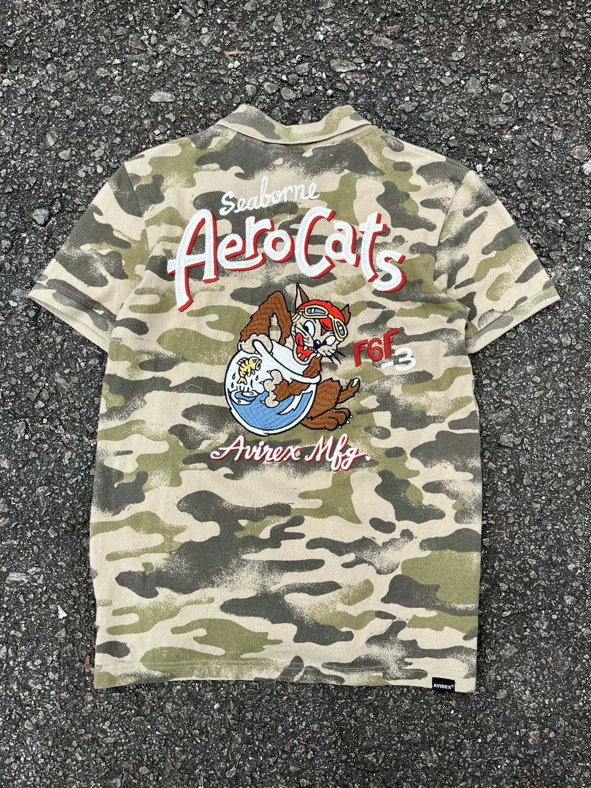 Avirex Mfg USA Camo Polo T Shirt Aero Cats Military Army