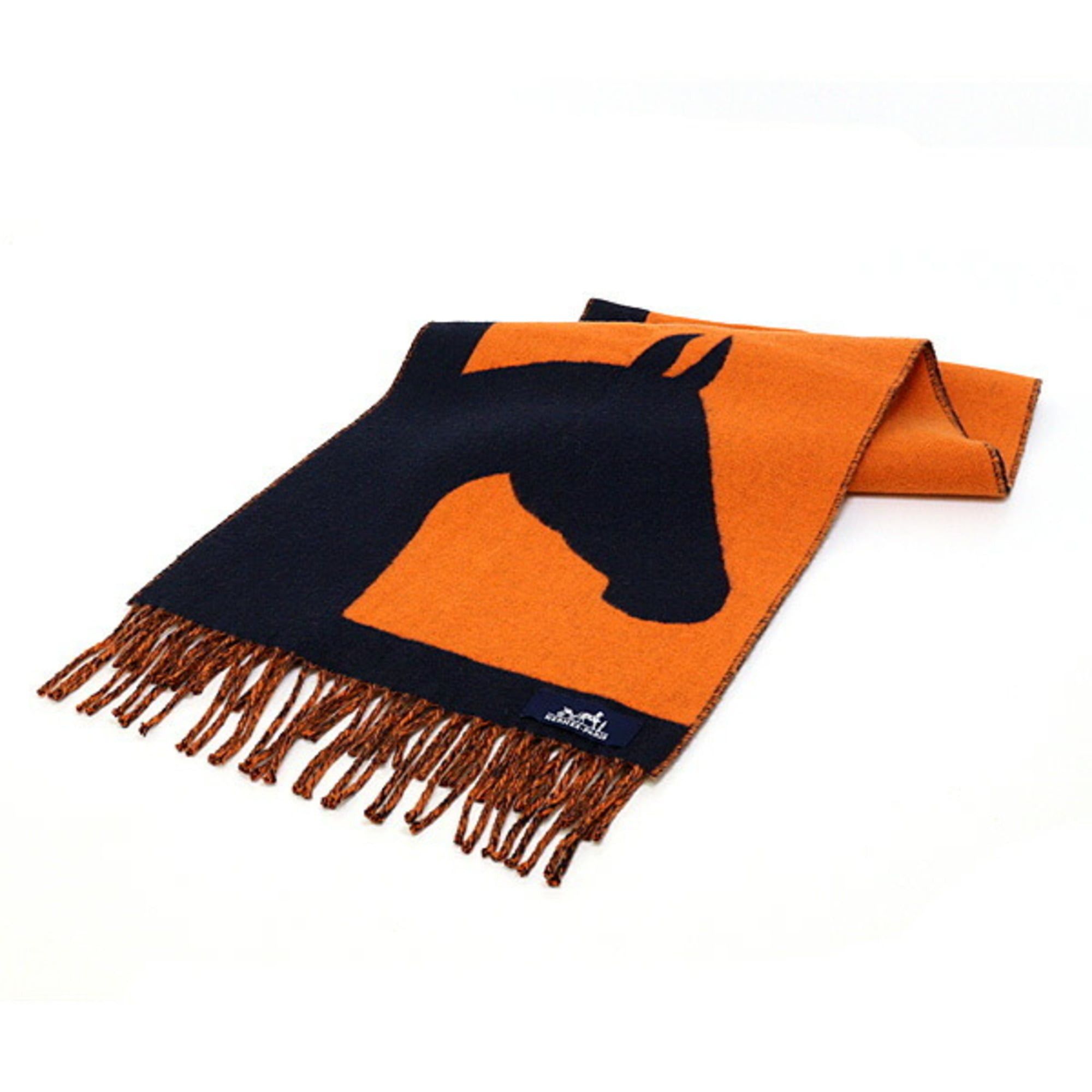 Hermes HERMES scarf, Love Story design, orange and navy, cashmere, horse pattern, jacquard weave, unused. Size ONE SIZE - 1 Thumbnail