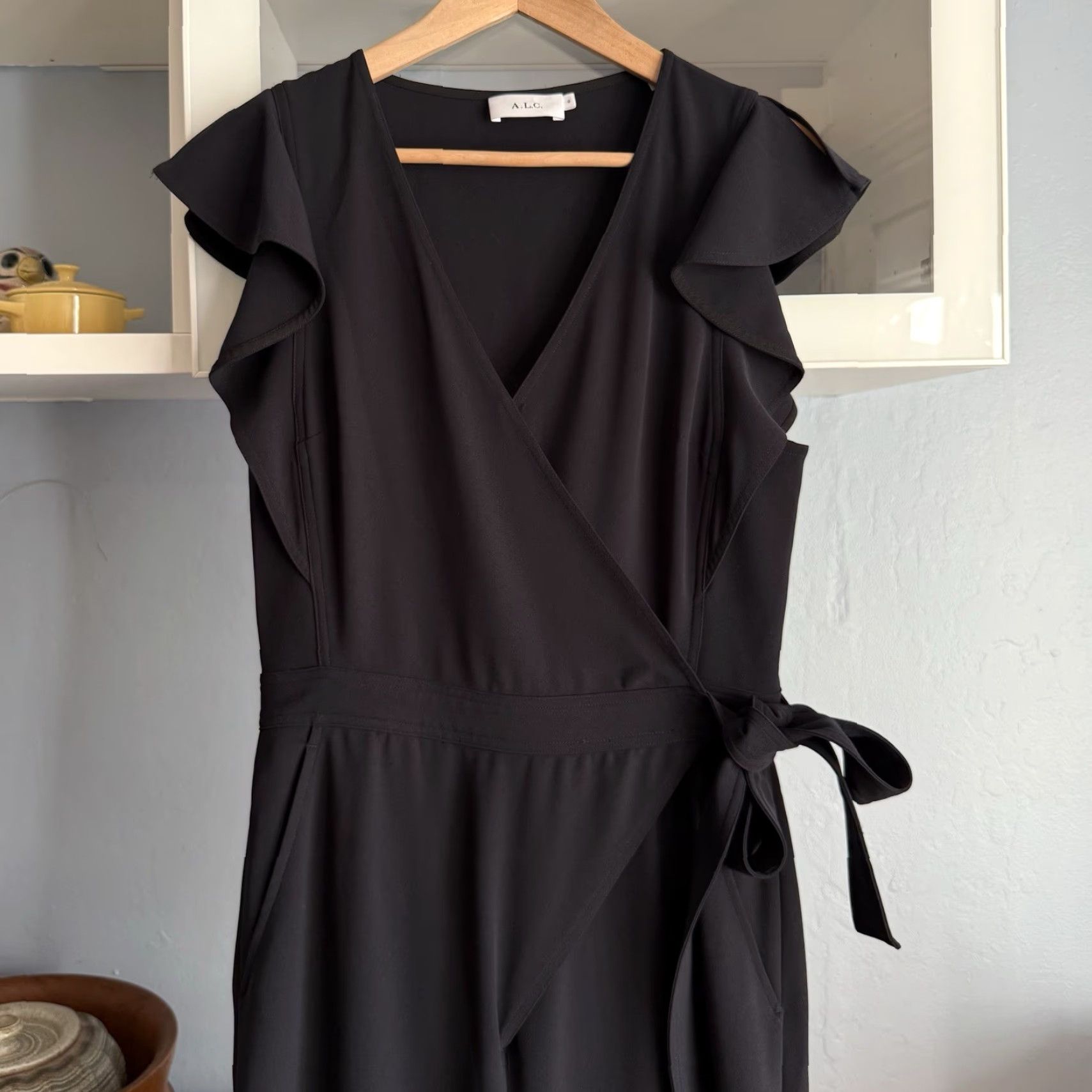 Vintage A.L.C. Wilder Jumpsuit Black Wrap Front Tie Waist Wide Leg Size 8 Ruffle Sleeves Party Cocktail Womens Size 30" / US 8 / IT 44 - 4 Thumbnail