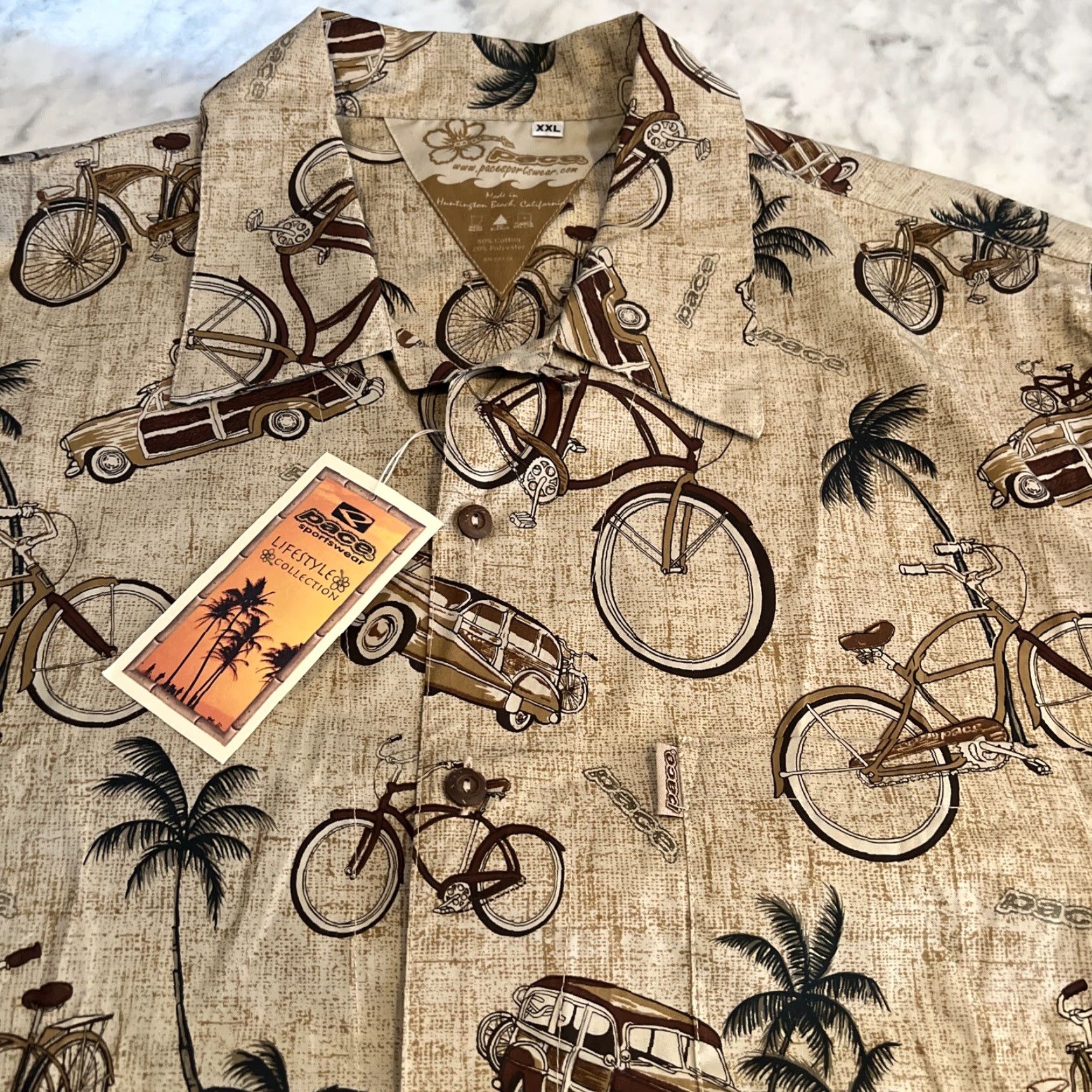 Vintage Pace Sports Wear Men’s XXL Button Short Sleeve Woodys Bicycles Palm Trees USA Shirt Men 2XLT Brown Cotton Blend Button-Up Casual Travel Size US 39 - 2 Thumbnail