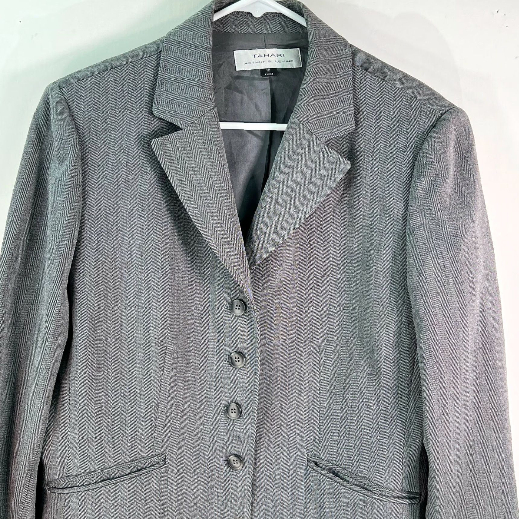 Vintage Tahari Women's Blazer Jacket Gray Herringbone Notch Lapel 4-Button 12 Formal Business Size XL / US 12-14 / IT 48-50 - 3 Thumbnail