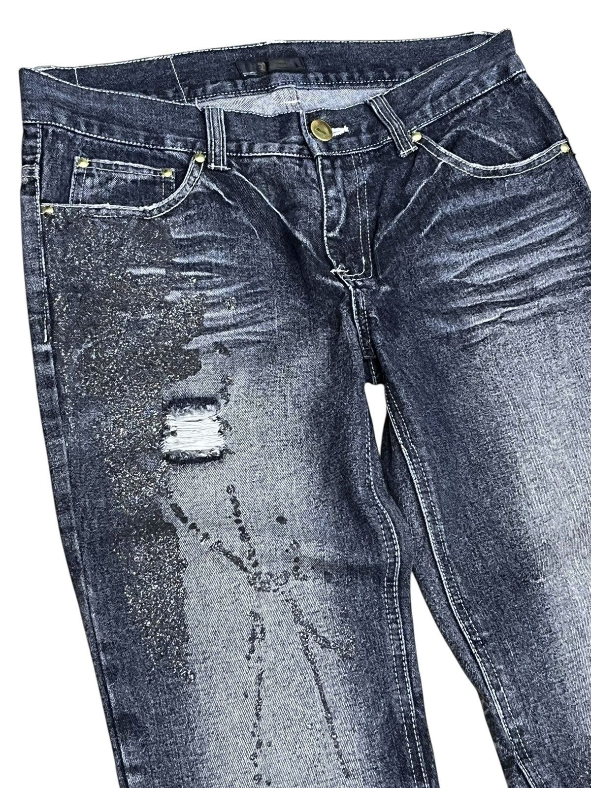 FYE🔥VTG BLACK BACCARA GLITTER SPLASH DISTRESSED FLARE JEANS