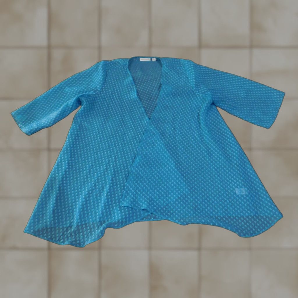 Vintage Susan Graver Blouse Kimono Cardigan Womens L Blue 3/4 Sleeve Sheer Open Front Topper Polka Dot Lightweight Open Front Size L / US 10 / IT 46 - 1 Thumbnail