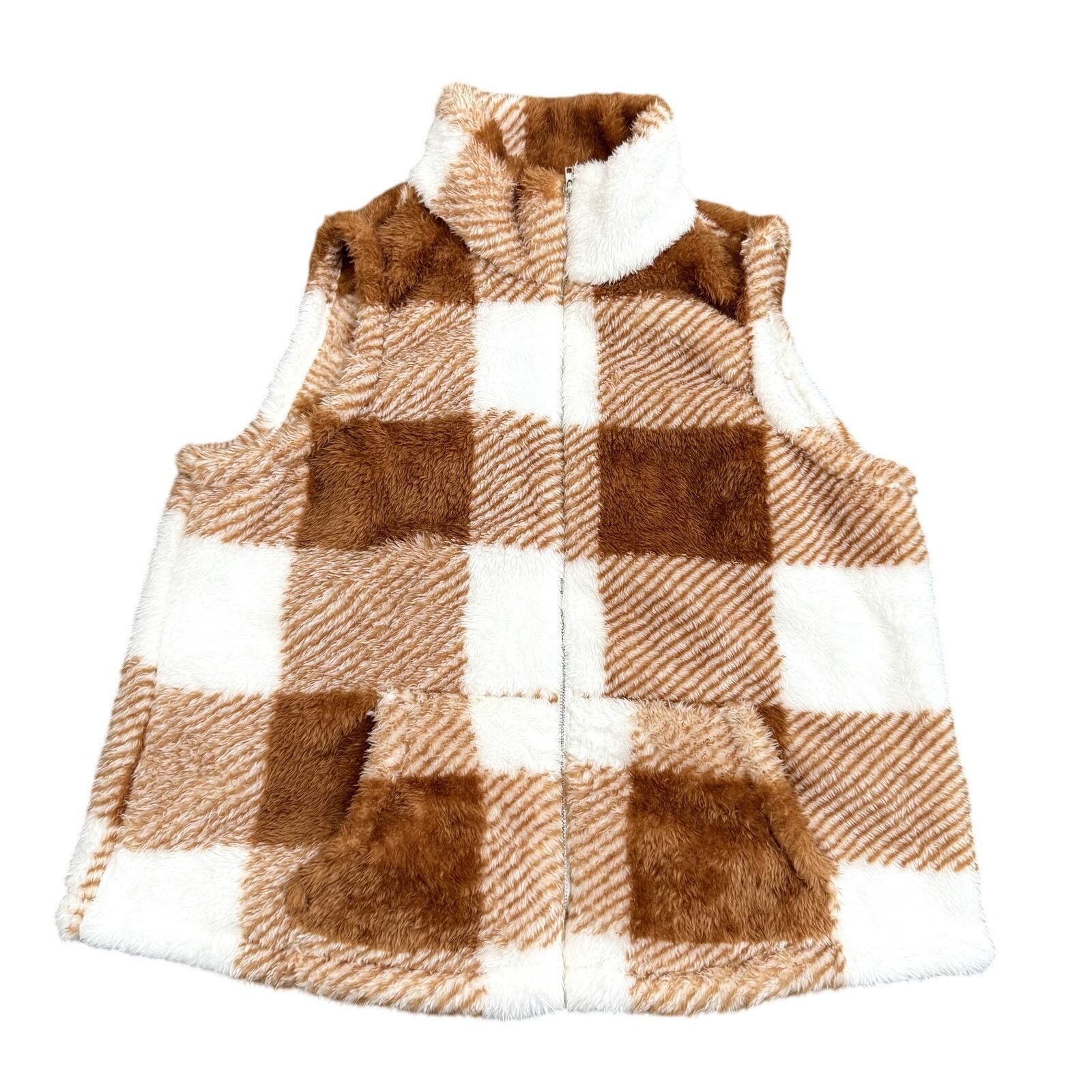 Shein Women's Fuzzy Plaid Zip Up Vest in White/Brown, Size L Size L / US 10 / IT 46 - 1 Thumbnail