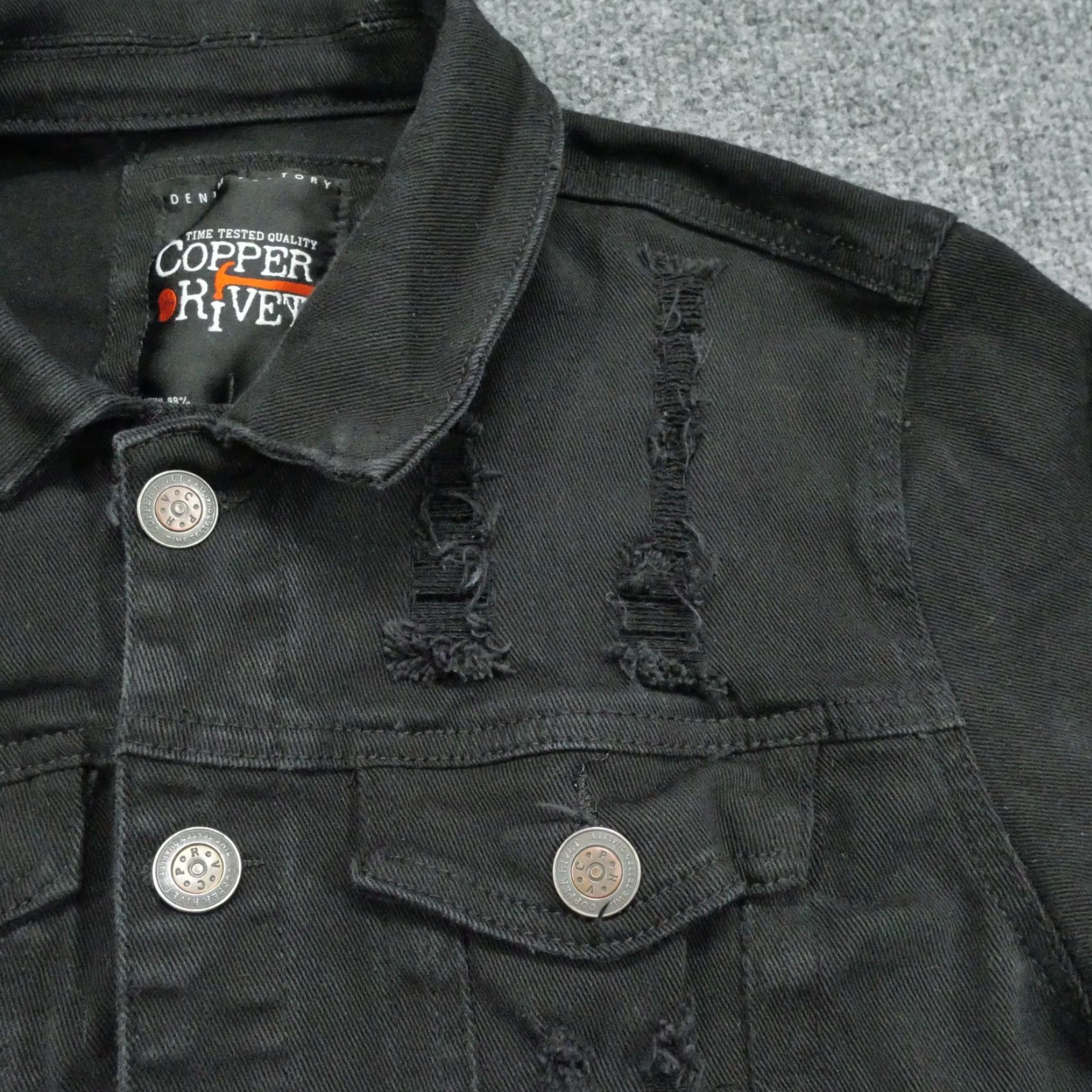Vintage Copper Rivet Jacket Womens Small Black Distressed Grunge Punk Trucker Denim Jean Size 28" / US 6 / IT 42 - 3 Thumbnail