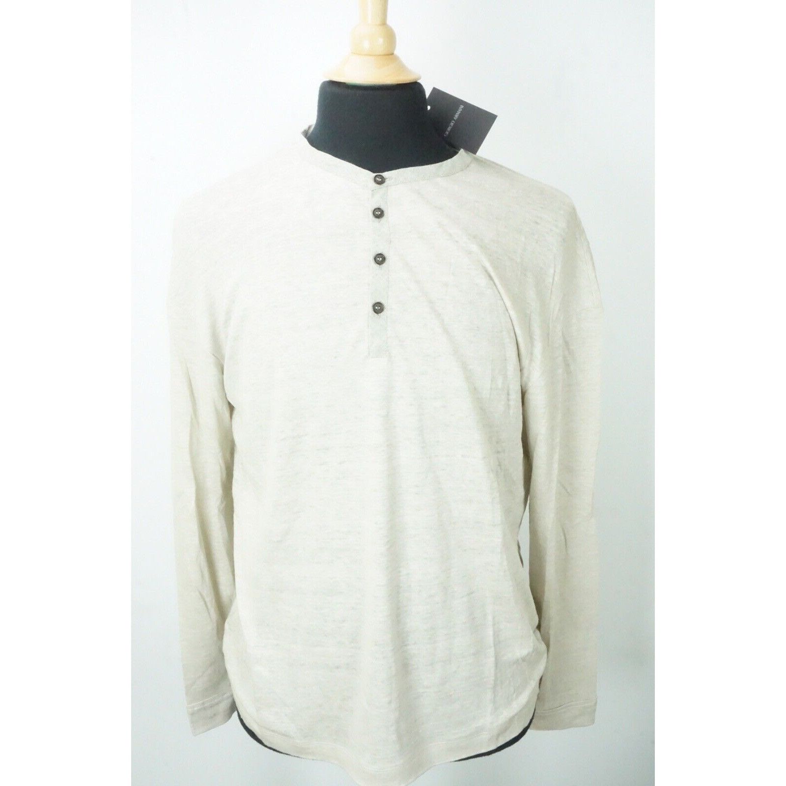 Giorgio Armani Giorgio Armani Black Label Oatmeal 100% Linen Henley Jersey Size US M / EU 48-50 / 2 - 1 Thumbnail
