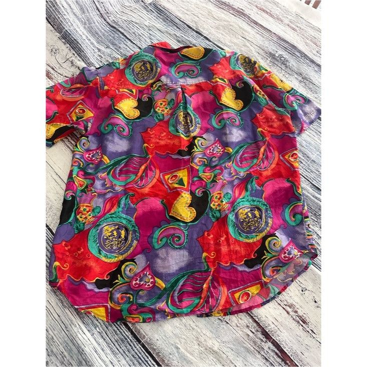 Vintage Vintage 100% Silk Pink and Purple Paisley Short Sleeve Silk Size L / US 10 / IT 46 - 5 Thumbnail