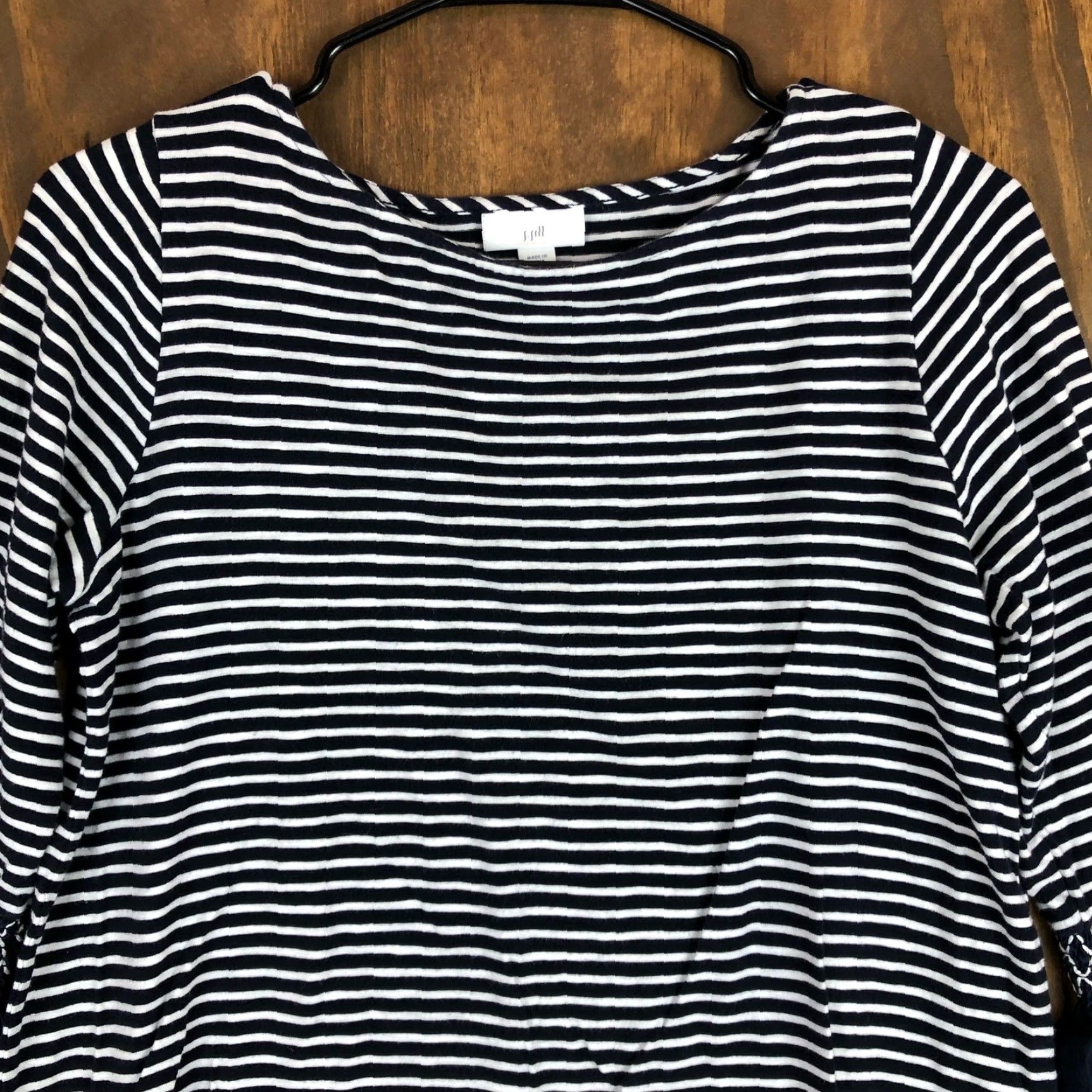 J. Jill J. Jill Blouse Striped Navy White 3/4 Sleeve Petite S Stretch Crew Neck Flared Sleeve Shirt Women Urban Casual Workwear Size S / US 4 / IT 40 - 2 Thumbnail