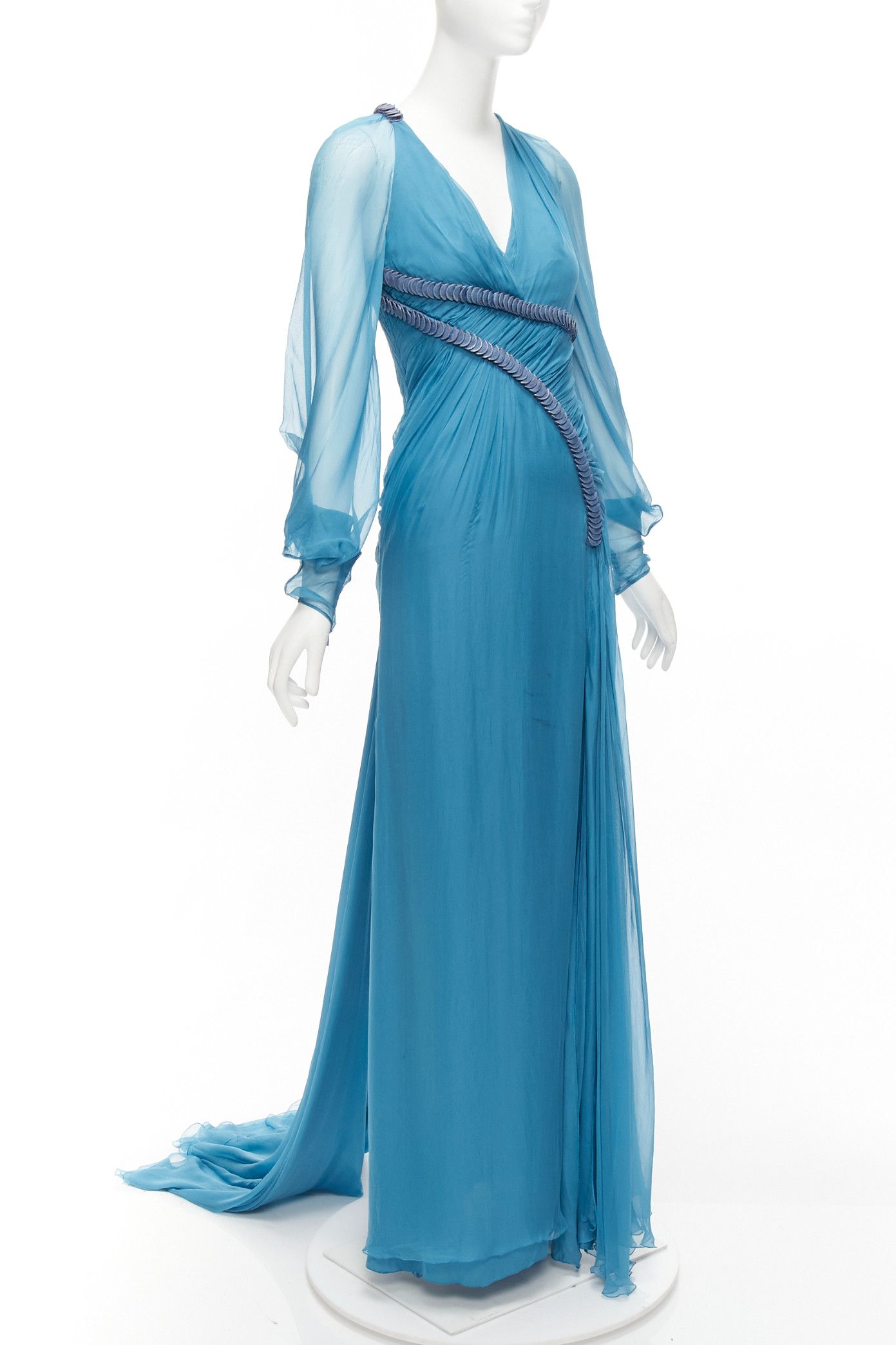 Versace rare VERSACE Runway blue silk pailette embellished sheer sleeves draped evening gown Size S / US 4 / IT 40 - 1 Thumbnail