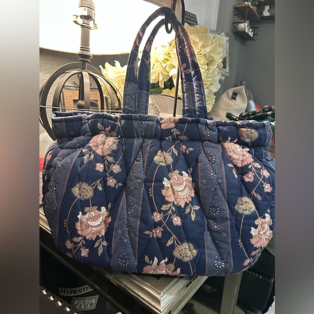 Other 1980 tote folks vintage Navy blue floral quilted tote bag Size ONE SIZE - 3 Thumbnail