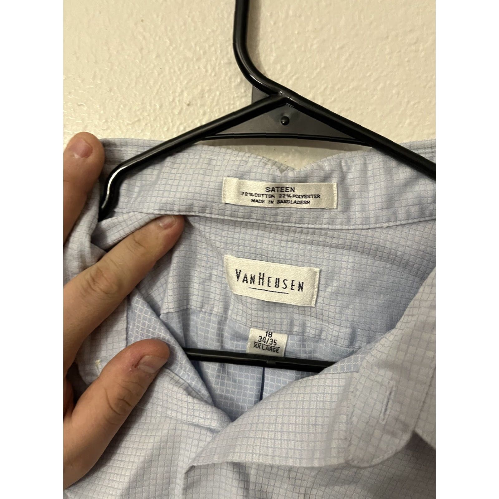 Van Heusen VINTAGE Van Heusen Dress Shirt 2XL Blue Cotton Blend Sateen Check Long Sleeve Mens Size 48R - 3 Thumbnail