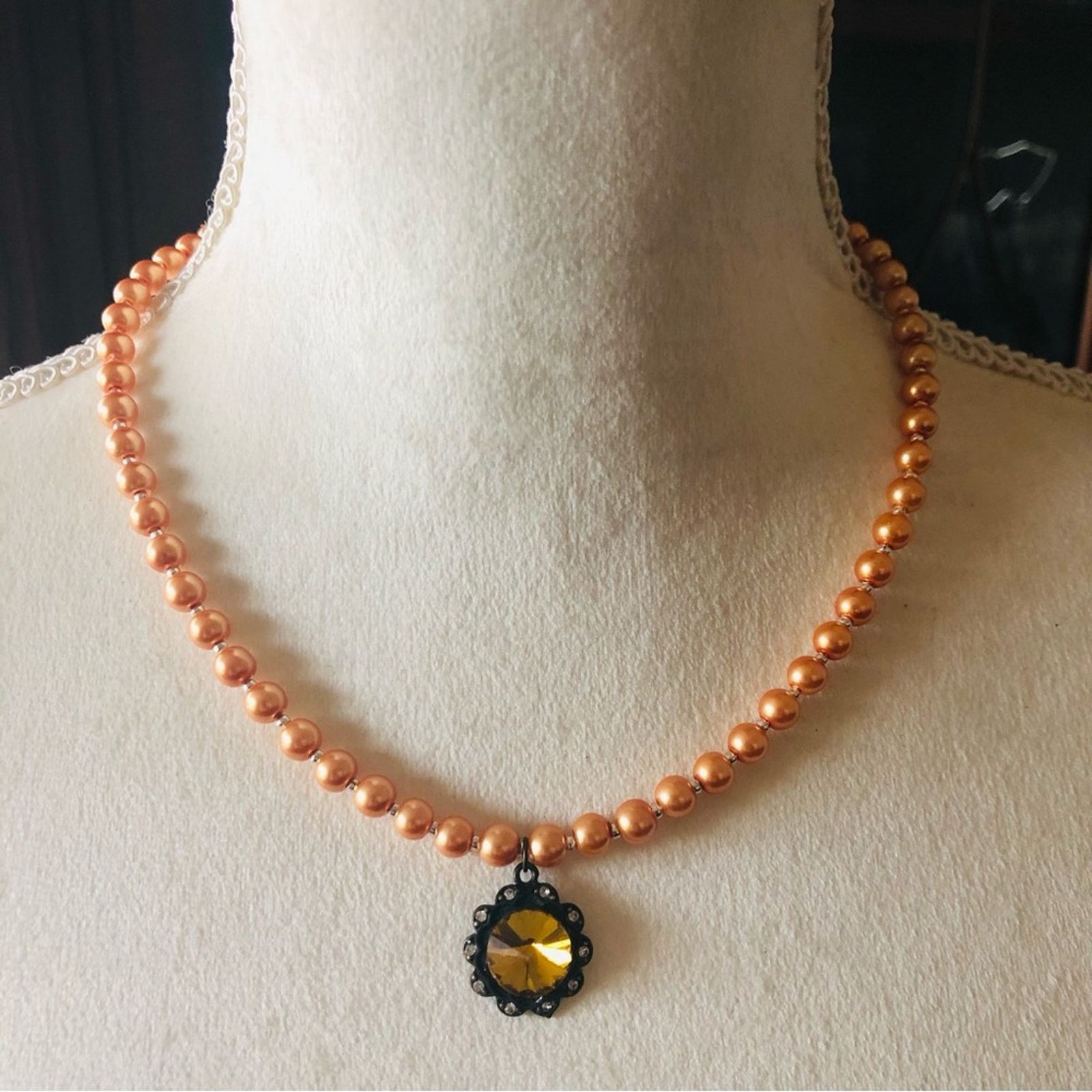 Handmade Handcrafted repurpose amber rivoli halo Pearl necklace Size ONE SIZE - 2 Thumbnail