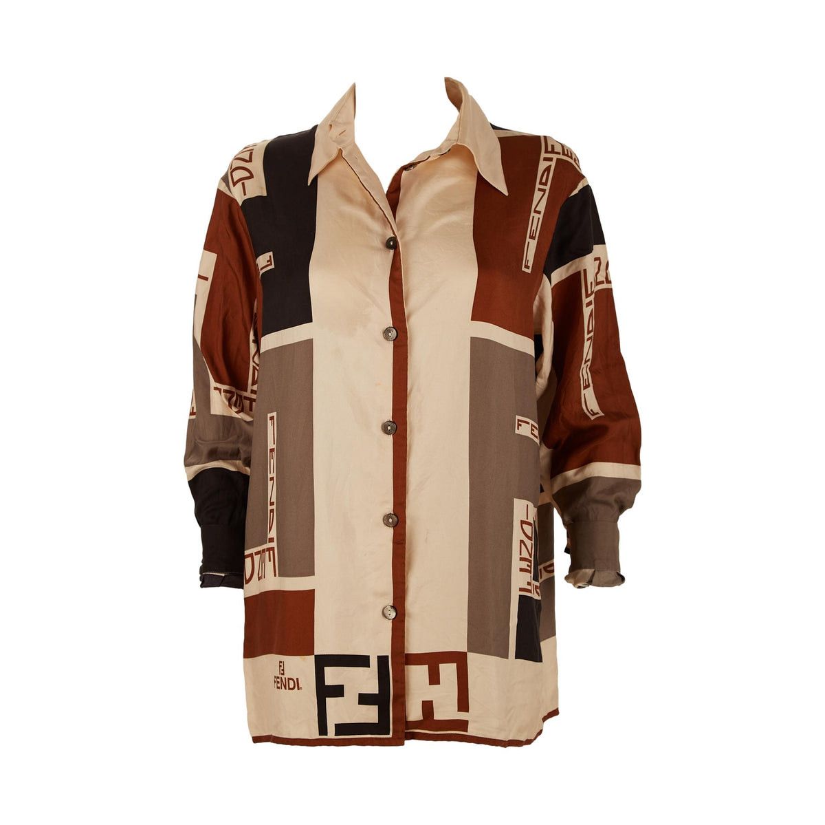 Fendi 100% SILK Fendi Brown Color-Blocked Logo Button Down Size US L / EU 52-54 / 3 - 1 Thumbnail