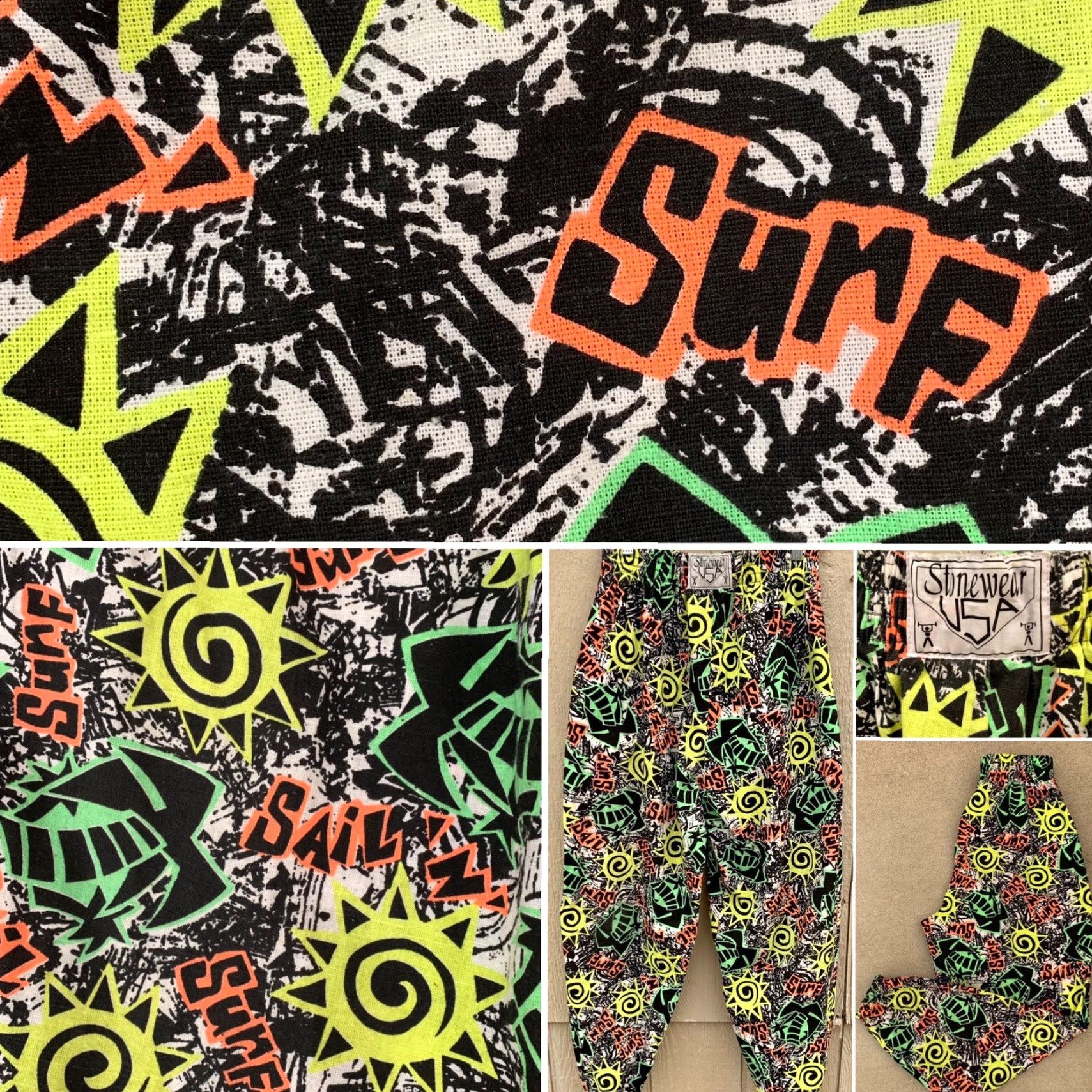 Vintage VINTAGE Stonewear USA muscle pants neon geometric beach surf n sun sail Sz S M Mens Size US 29 - 2 Thumbnail