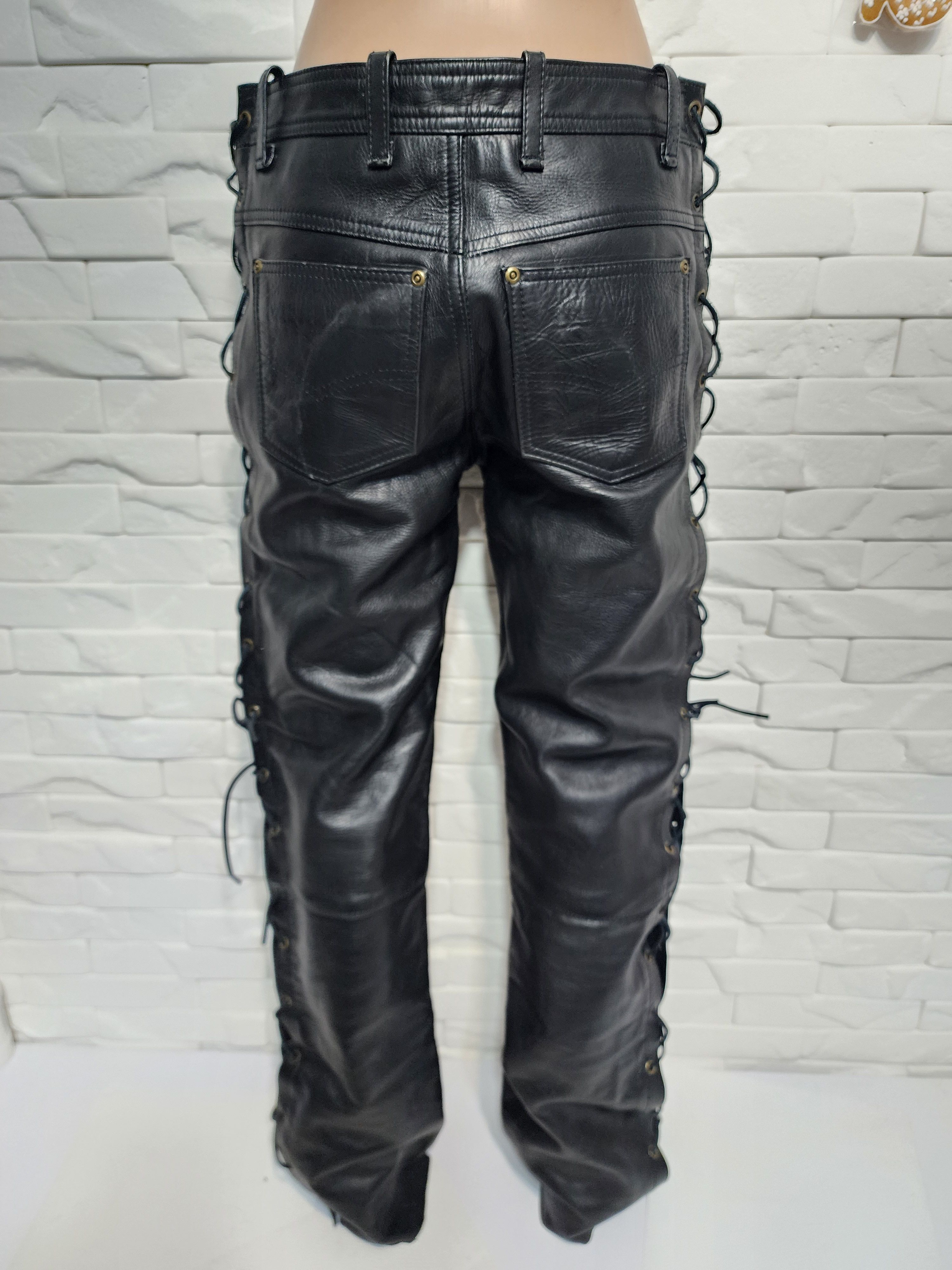 Other Black Leather Pants for Men. Leather Pants with Lacing. Size US 32 / EU 48 - 5 Thumbnail