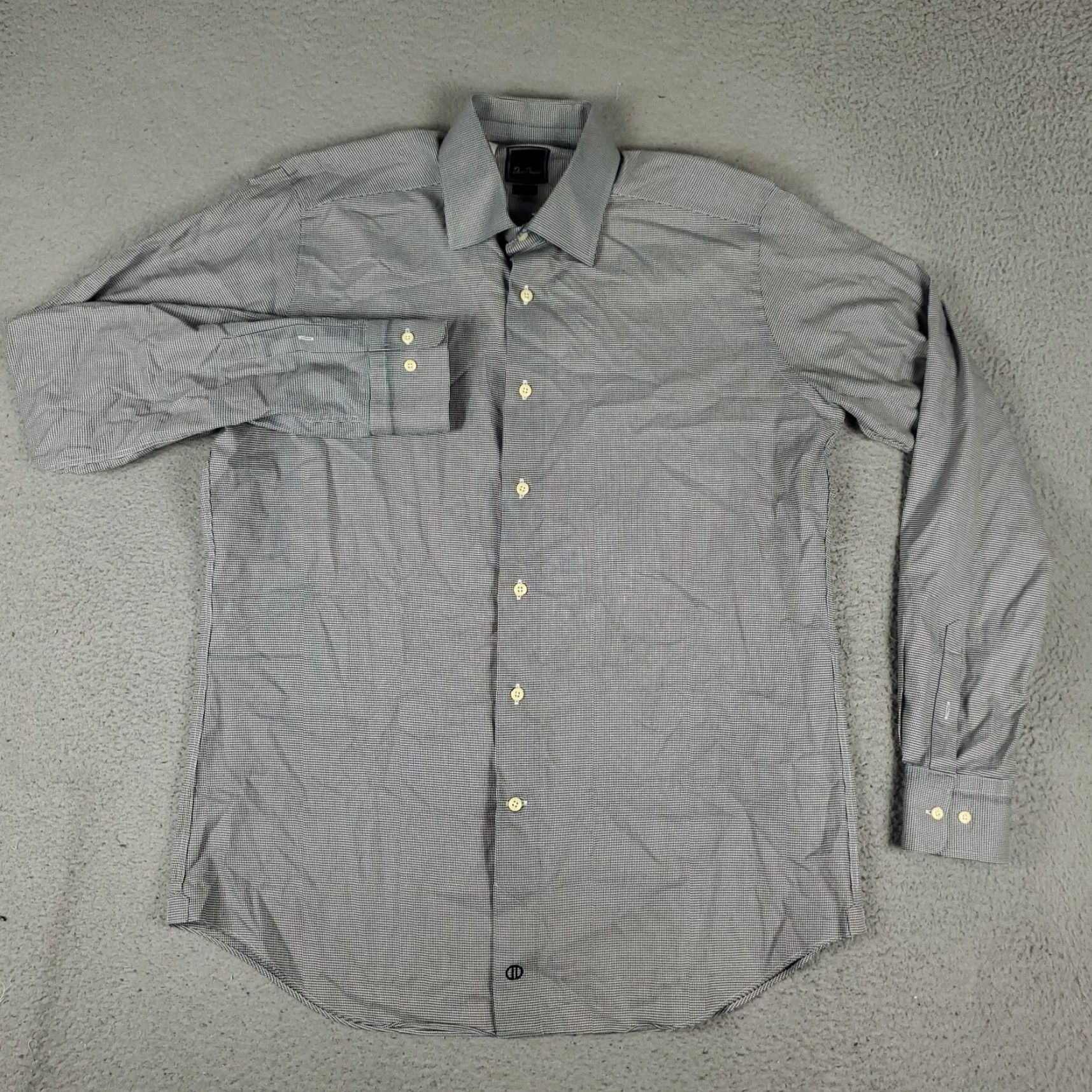 David Donahue David Donahue Dress Shirt Mens 16.5 Blue Houndstooth Pattern Long Sleeve Button Up 100% Cotton Regular Navy Mens Size 42R - 2 Thumbnail
