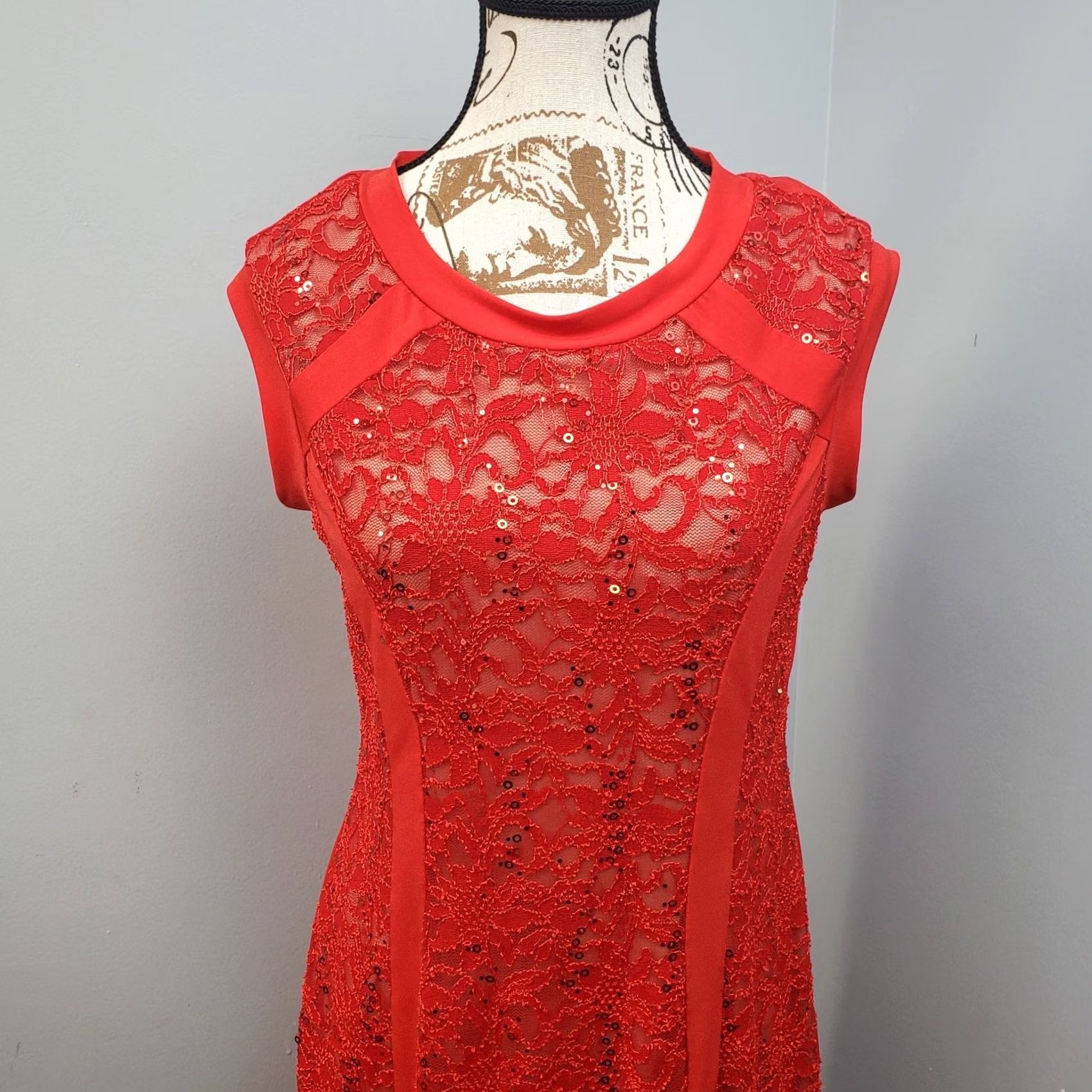 Vintage Conhalite Bodycon Dress Womens S Sleeveless Red Lace Sequin Cocktail Party Sleeveless Size S / US 4 / IT 40 - 5 Thumbnail