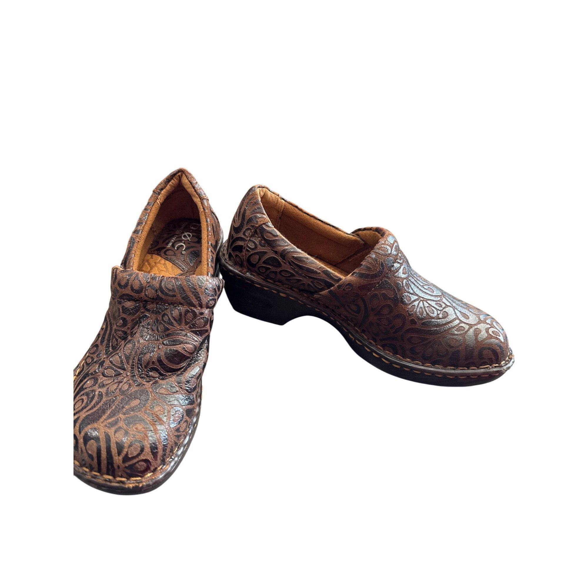 Born BOC womens leather Brown Embossed Slip-On Clogs mules size Size US 6 / IT 36 - 1 Thumbnail