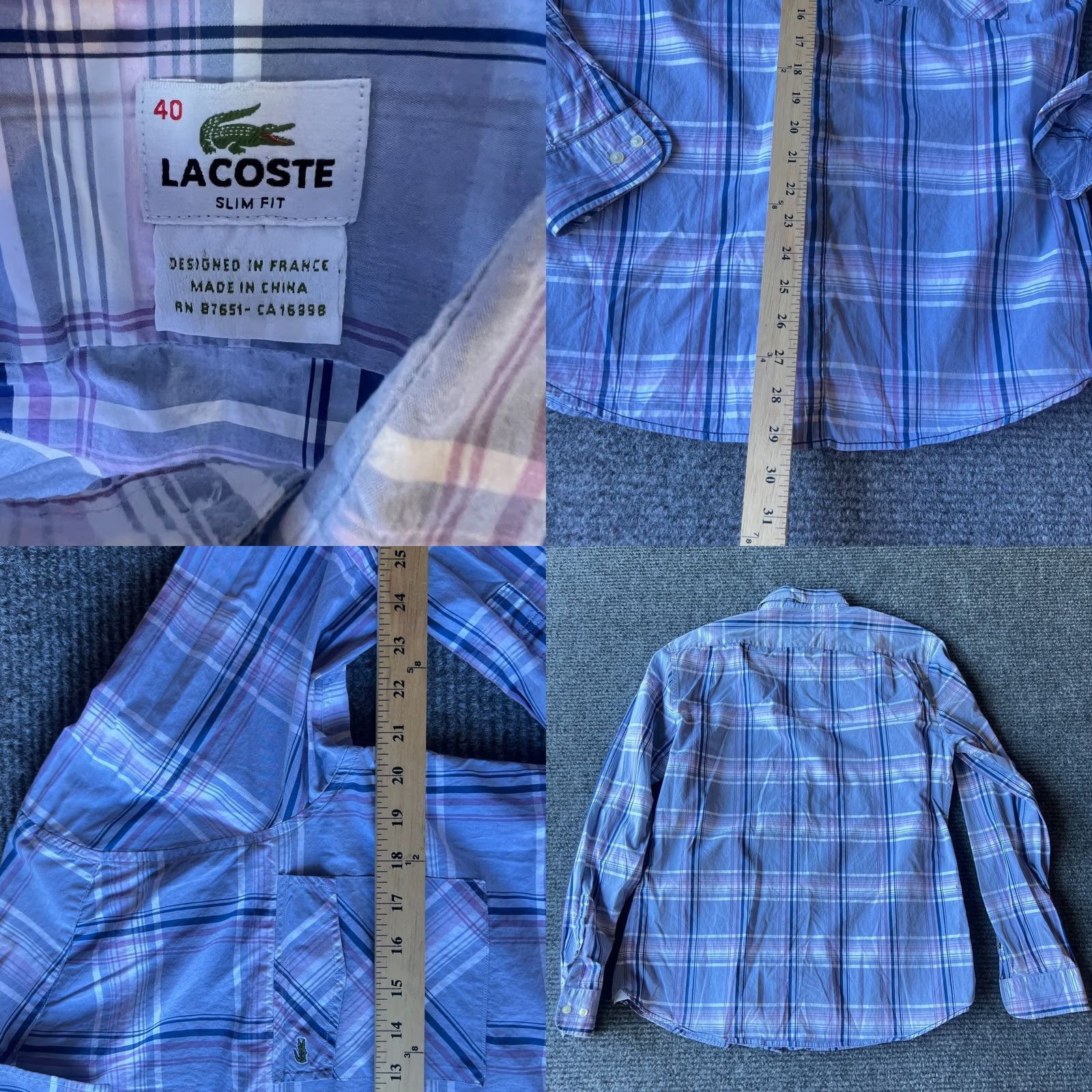 Lacoste Lacoste Shirt Mens 40 Purple Plaid Button-Up Long Sleeve Size US L / EU 52-54 / 3 - 8 Thumbnail