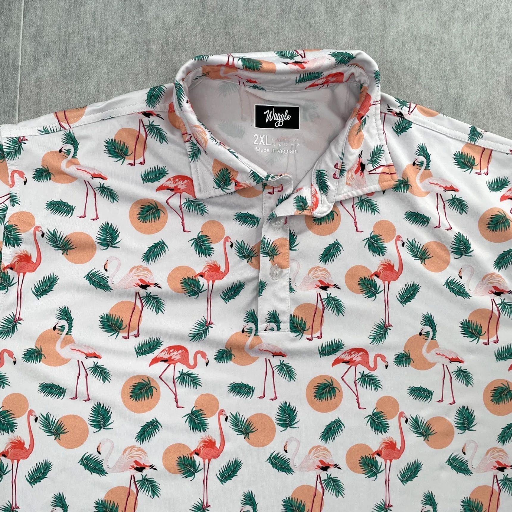 Vintage Waggle Shirt Golf Polo 2XL Mens Performance Stretch White Flamingo Print All Over Breathable Casual Polo Shirt Size US XXL / EU 58 / 5 - 3 Thumbnail