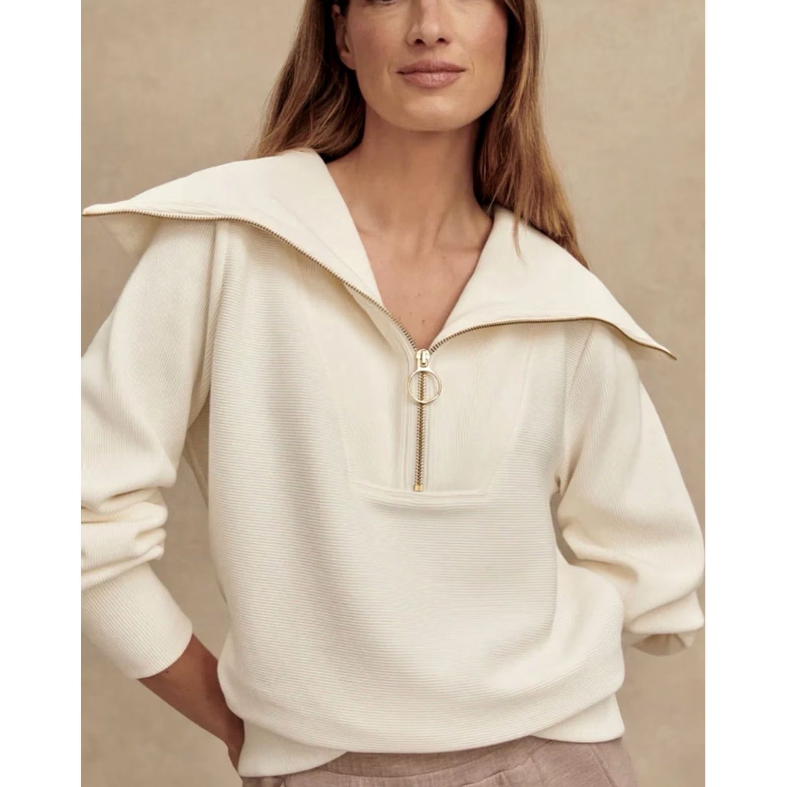Varley Varley Womens Sweatshirt Vine Half Zip High Neck 2XS White Balloon Sleeve Pullover Size XXS / US 00 / IT 34 - 3 Thumbnail