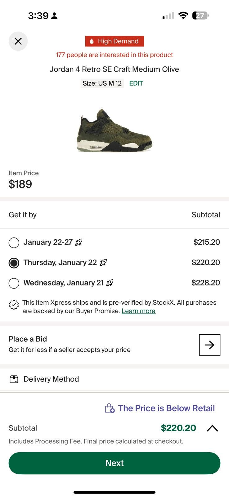 Jordan Brand JORDAN 4 RETRO SE CRAFT MEDIUM OLIVE Size US 12 / EU 45 - 7 Thumbnail