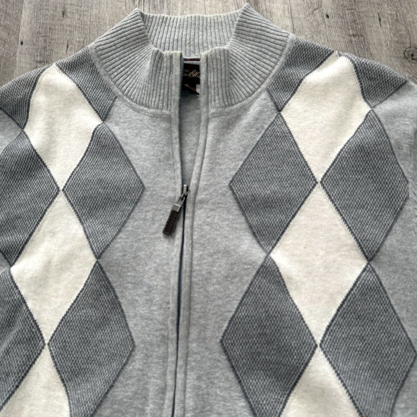Tasso Elba Tasso Elba Argyle Sweater Mens XL Gray Full-Zip 100% Cotton Lightweight Size US XL / EU 56 / 4 - 3 Thumbnail