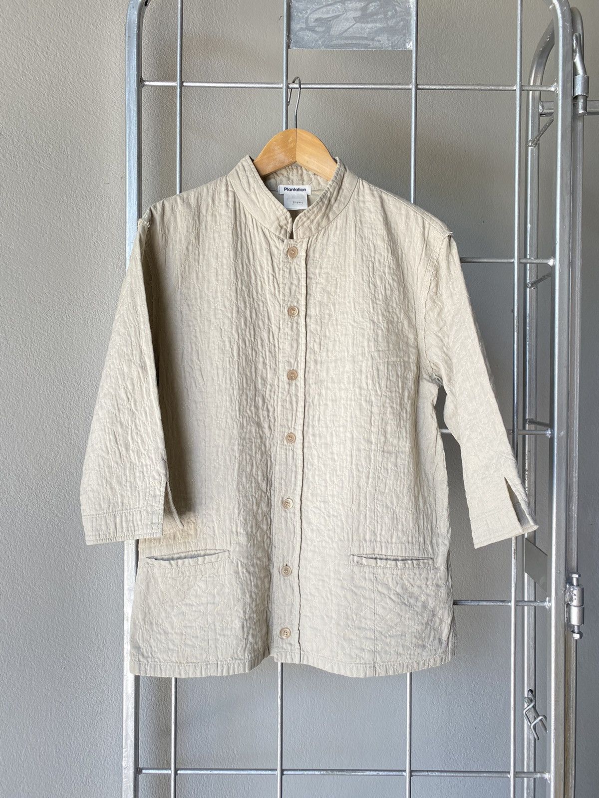 image of Issey Miyake Plantation Light Grey Mandarin Collar Shirt, Women's (Size Medium)