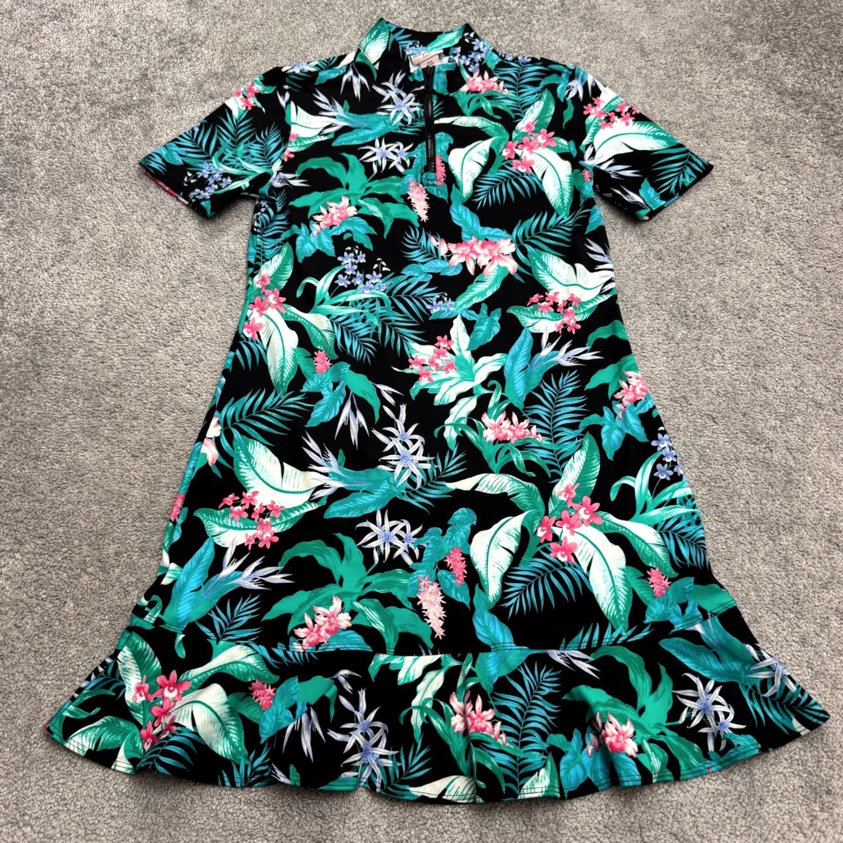 Tommy Bahama Tommy Bahama Golf Tropical Floral Ruffle 1/4 Zip Dress Womens Small Black Green Size S / US 4 / IT 40 - 2 Thumbnail