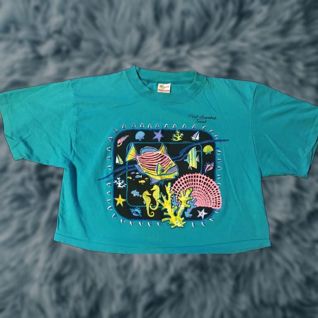 VINTAGE 80s Texas Sea Life Pop Art Crop Shirt USA Single Stitch Abstract Fish 90s Womens T-Shirt Blue Striped Graphic Tee One Size