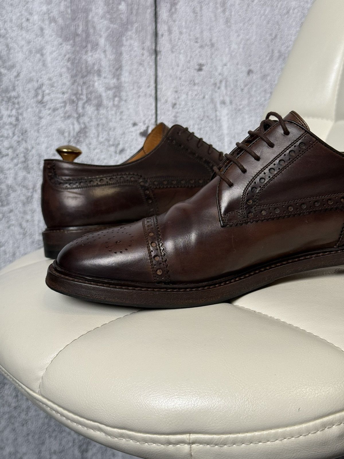 Gucci Gucci Men's Brown Leather Cap-Toe Semi-Brogue Derby Shoes Size US 10.5 / EU 43-44 - 12 Thumbnail