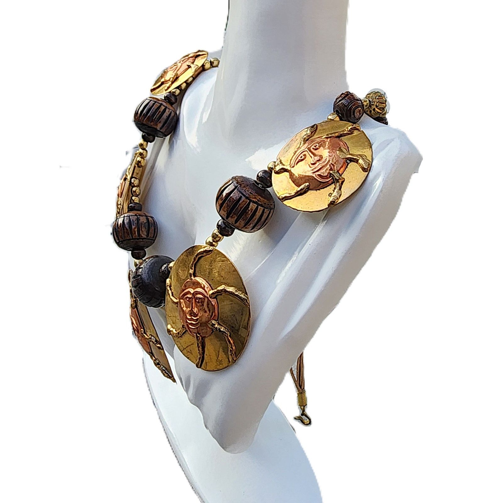 Vintage Artisan Contrast Brass Sun Disc Wood Bead Welded Necklace Size ONE SIZE - 10 Thumbnail