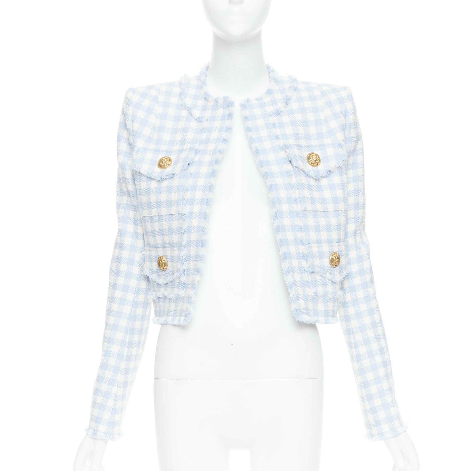 Balmain BALMAIN light blue white plaid tweed trim 4 pocket cropped jacket FR34 XS Size XS / US 0-2 / IT 36-38 - 1 Thumbnail