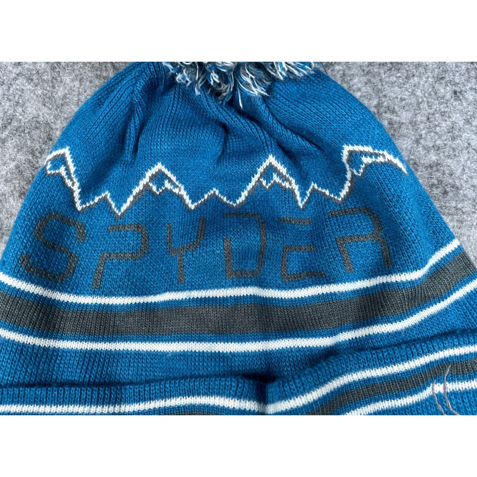 Spyder Spyder Beanie Toque Adult One Size Blue Stripe Knit Acrylic Poly Mountains Pom Size ONE SIZE - 3 Thumbnail
