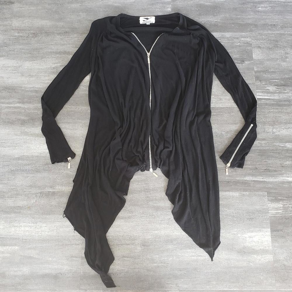 Designer Black Zipper YLondon Asymmetrical Draped Cardigan Size M / US 6-8 / IT 42-44 - 1 Thumbnail