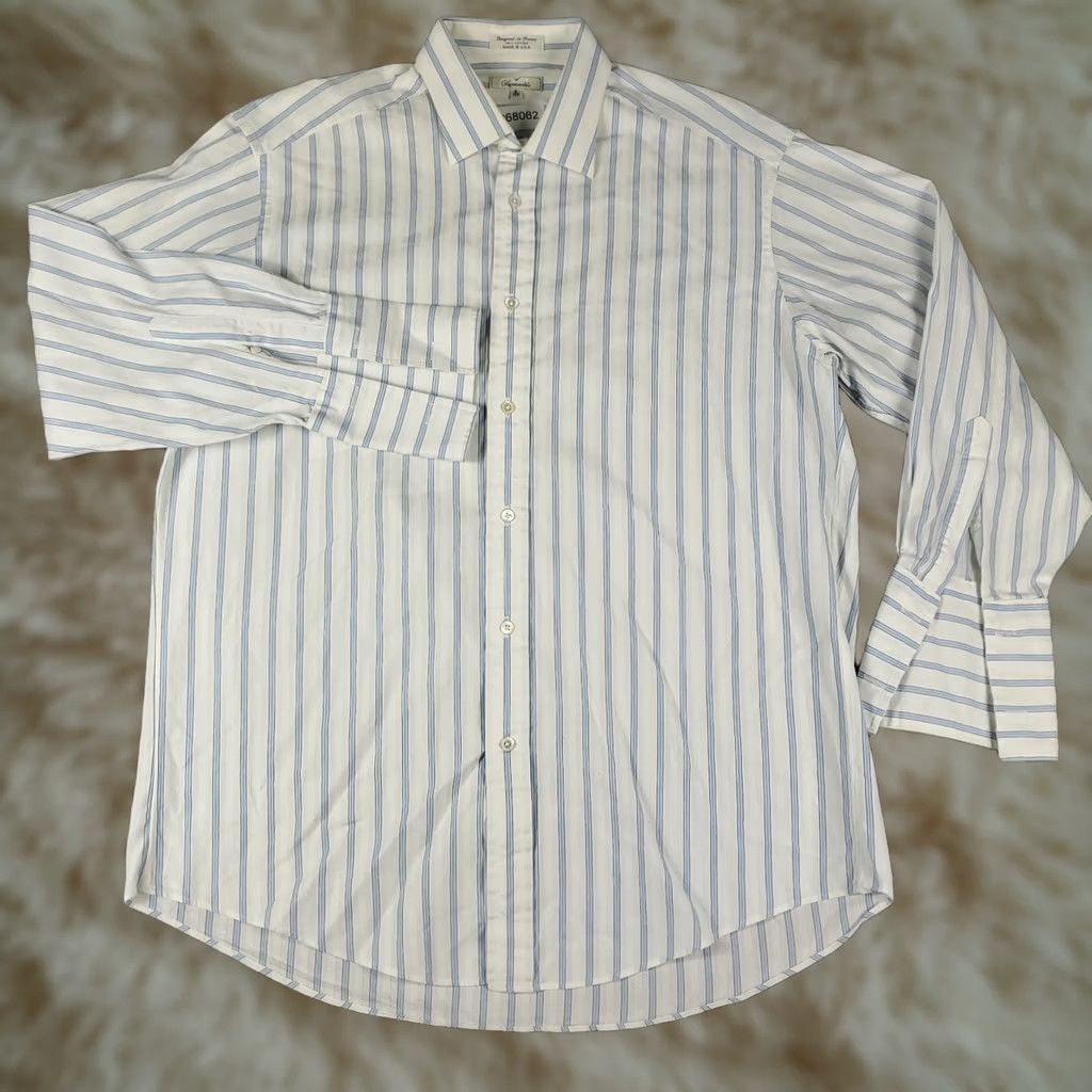 Faconnable Faconnable Dress Shirt Mens Size 17 White Blue Striped Button Up French Cuff Size 46R - 1 Thumbnail