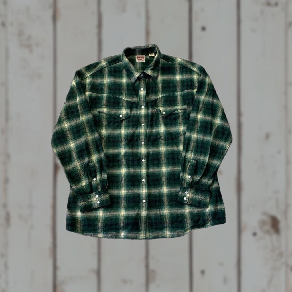 Levi's Levi's Shirt Mens Large Green Plaid Western Pearl Snap Flannel Shacket Heavy Regular Button-Up Pockets Casual Winter Spring Fall Mens Size US L / EU 52-54 / 3 - 1 Thumbnail